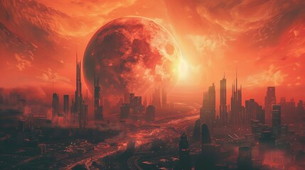 Dystopian cityscape on Mars, surreal science fiction digital illustration