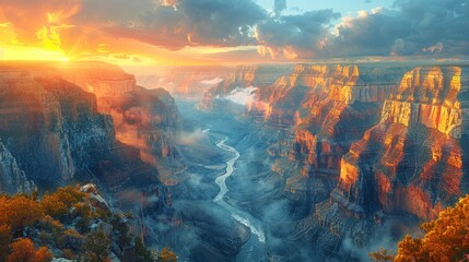 an aerial view of a canyon at sunset with a river running through it - Powered by Adobe