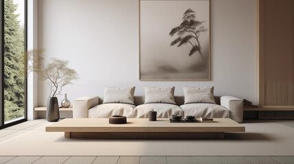 Plan sur un salon de couleurs claires et épurées, dans les tons blanc et beige. Sofa, télé, table. Décorations, lumières douces. Pour conception et création graphique.