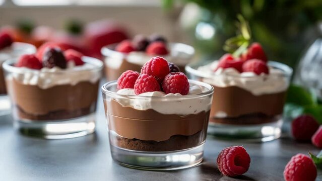 Row of dessert cups with raspberries on top