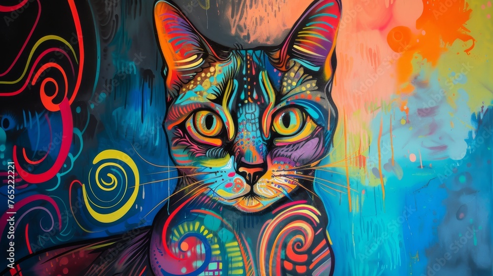 Poster a psychedelic depiction of a cat's face adorned with swirling patterns and a riot of colors, offerin