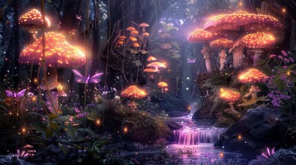 Enchanting Fairy Garden with Glowing Mushrooms, Fireflies and Sparkling Streams, Whimsical Fantasy Digital Painting
