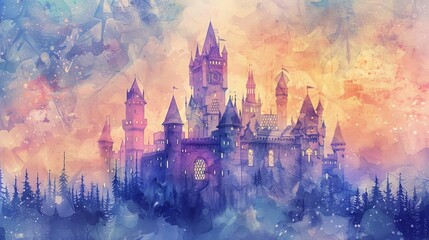 Enchanting Fairy Tale Castle with Soaring Turrets, Stained Glass Windows and Magical Aura, Dreamy Watercolor Painting