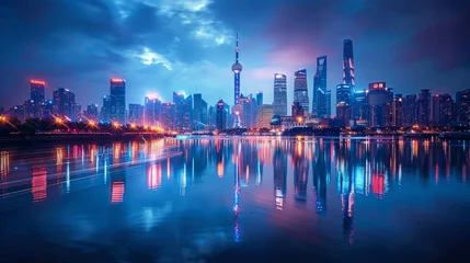 Foto op Plexiglas City lights dance on the waters surface, mirroring the skyline at night © yuchen