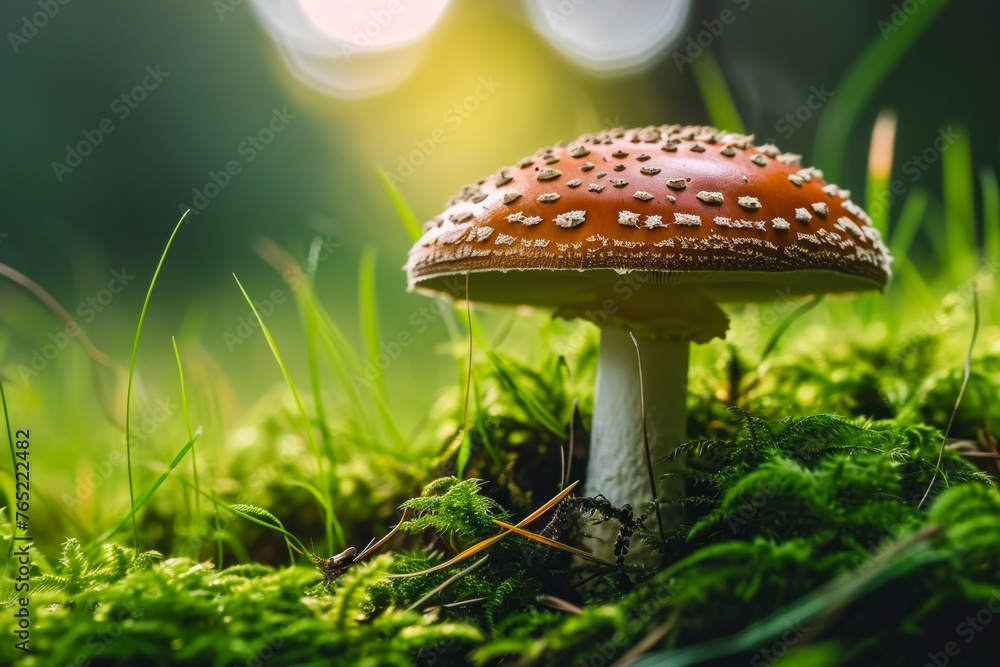 Poster fly agaric in the forest. background with selective focus and copy space