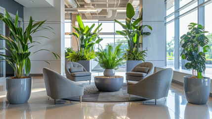 Office Oasis: Capture an office space designed with elements of nature and relaxation, such as indoor plants, soothing colors, and comfortable seating areas. Generative AI