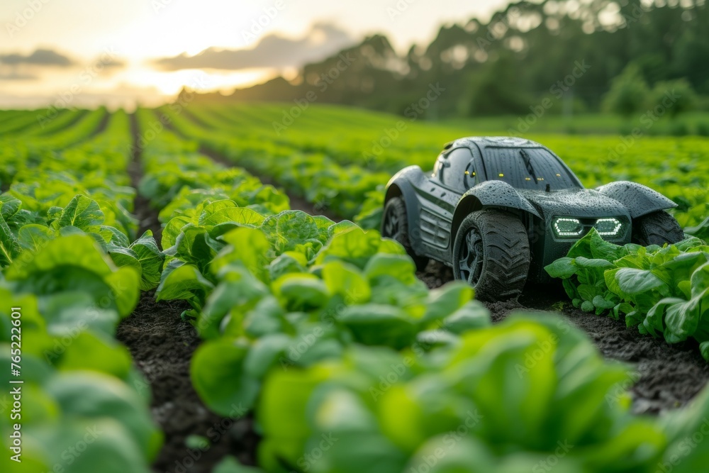 Poster modern farm with robots. background with selective focus and copy space