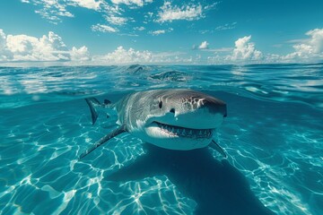 A shark is swimming in the ocean with its mouth wide open - obrazy, fototapety, plakaty