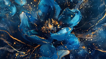 Futuristic Floral Abstract Artwork with Luminous Golden Textures and Metallic Elements, Modern Painting