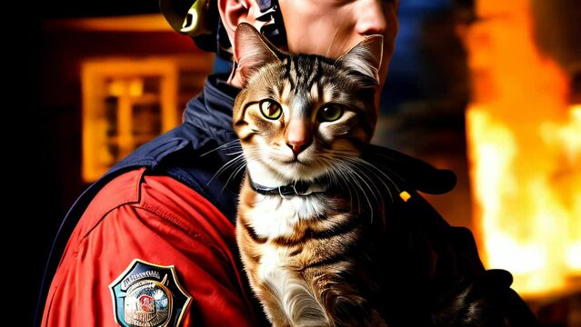 A firefighter holds a rescued cat, depicting a moment of compassion amidst the chaos of a blazing fire, representing heroism and the human-animal bond.
