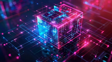 Hi-Tech Neon Luminous Cube, Abstract Technology Background Illustration
