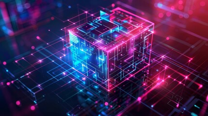 Fototapeta premium Hi-Tech Neon Luminous Cube, Abstract Technology Background Illustration