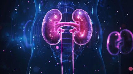 Human urinary system anatomy with kidneys and bladder, 3D medical illustration - obrazy, fototapety, plakaty