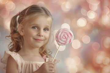 child girl in a pink dress with a lollipop in her hand. Celebration atmosphere. Banner with place for text. Bokeh background