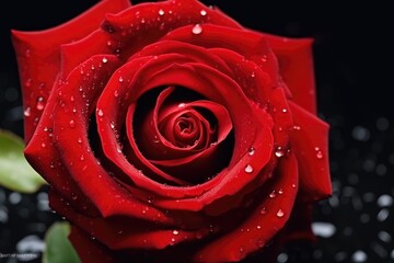 Macro shot of a vivid red rose with dew drops, symbolizing love and beauty. Close-Up of Dewy Red Rose on Black
