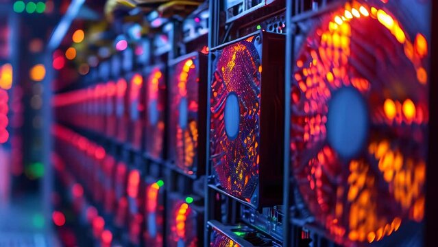 Cryptocurrency Mining Rigs with Red Glowing Cooling Fans