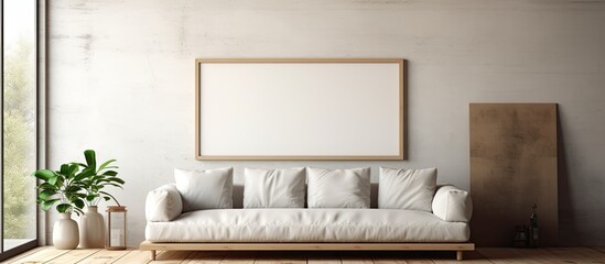 Fototapeta na wymiar A white couch is placed in a living room next to a window, creating a cozy and bright setting