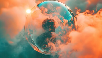 Soap bubble floating, surreal depiction of isolation in anxiety. Soft, diffused light, dreamlike colors evoke feeling trapped in thoughts 🛁🧼💭 - obrazy, fototapety, plakaty