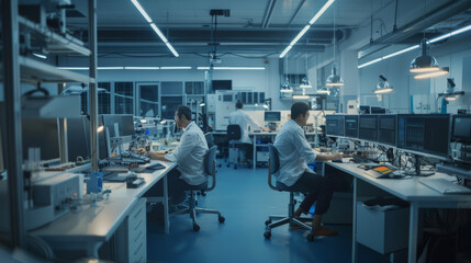 Electrical engineers in a modern laboratory meticulously working on designing a circuit board