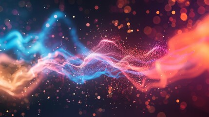 Abstract colorful light waves with bokeh particles. Multicolored energy flow and sparkle background. Dynamic wave pattern of lights and particles in motion. - obrazy, fototapety, plakaty