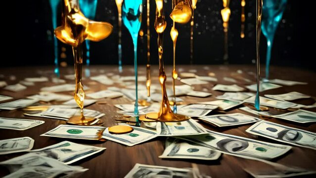 The symbolic flow of wealth is illustrated by golden droplets cascading over dollar bills, suggesting fluidity and abundance in finance. The image conveys a sense of prosperous growth and dynamic
