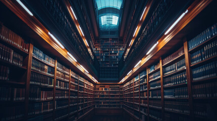 Starlit Library: Photograph a library bathed in the soft glow of starlight, with rows of bookshelves stretching into the distance. Generative AI - obrazy, fototapety, plakaty