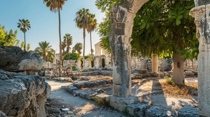 Beautiful arches in the remains of the ancient city and green trees with ruins along the main street