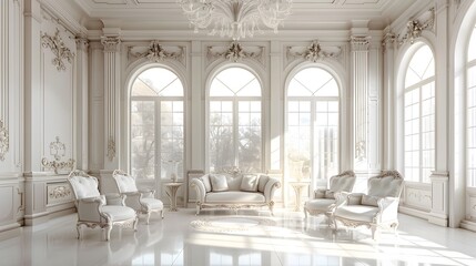 luxury royal posh interior in baroque style. very bright, light and white hall with expensive oldstyle furniture. large windows and stucco ornament decorations on the walls - obrazy, fototapety, plakaty