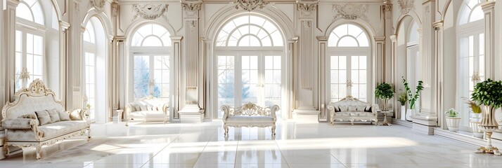 luxury royal posh interior in baroque style. very bright, light and white hall with expensive oldstyle furniture. large windows and stucco ornament decorations on the walls - obrazy, fototapety, plakaty