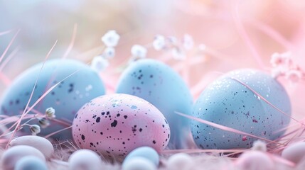 Speckled Easter eggs nestled in soft pink hues and floral decorations. Delicate arrangement of...