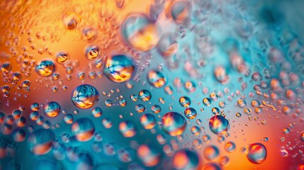 Close-up of water droplets on a warm-to-cool gradient surface. Vivid orange and blue gradient...