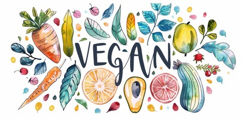 Watercolor vegan word with fruits and vegetable illustrations. Hand-drawn vegan diet concept with colorful produce. Artistic watercolor depiction of veganism and healthful food choices.