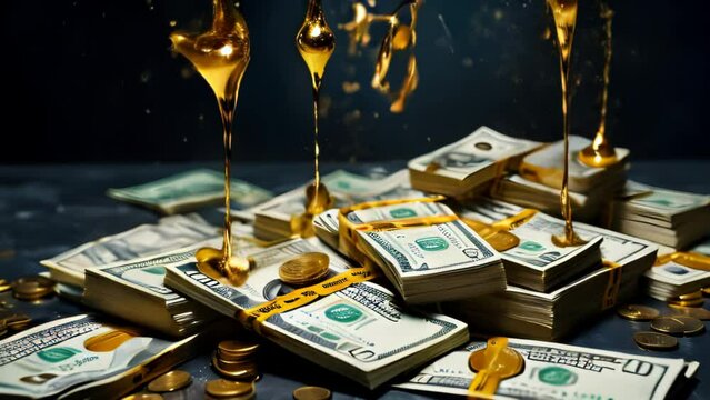 Stacks of currency and coins are drenched in a luxurious golden liquid, metaphorically showcasing wealth and prosperity. The image depicts the concept of financial abundance with a dynamic twist.