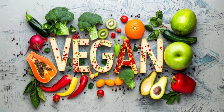 Fresh vegetables and fruits artistically spelling 'VEGAN'. Vegan diet concept with colorful produce arrangement. Healthy eating lifestyle depicted with 'VEGAN' word made from natural foods.