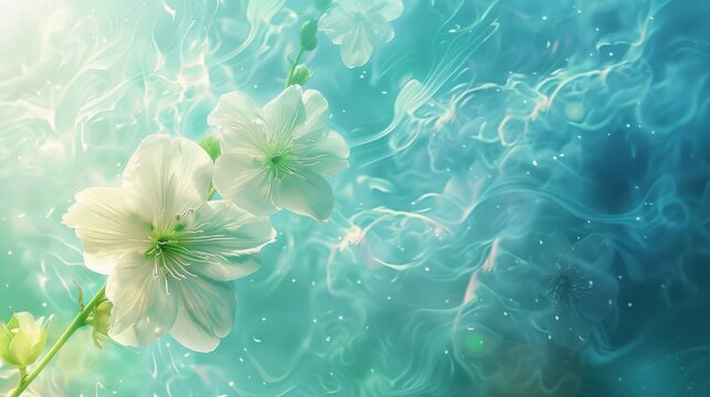 Ethereal white flowers floating on a surreal aqua canvas. Artistic interpretation of white flora on a swirling turquoise background.