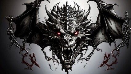 dragon head with chains for tattoo design illustration, clipart