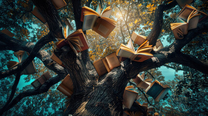 Tree of Wisdom: Photograph a majestic tree with branches reaching towards the sky, each adorned with open books instead of leaves. Generative AI - obrazy, fototapety, plakaty
