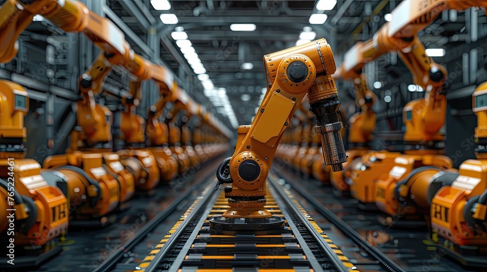 Poster automated robotic assembly line in a manufacturing plant showcasing efficiency and precision, solid 
