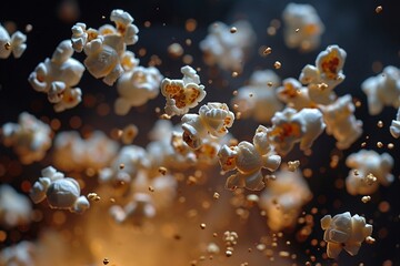 Floating popcorn, theatrical lighting, dark scene, sharp focus. - obrazy, fototapety, plakaty