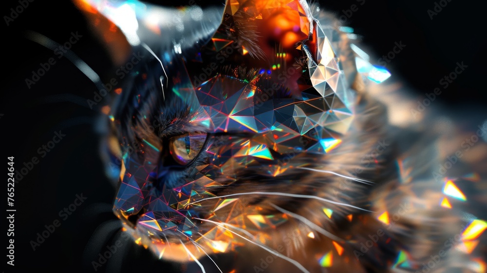 Poster a close-up of a cat's face with a prismatic effect, showcasing a blend of vibrant colors and sharp g