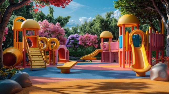 Tech-inspired playground, interactive games, educational stations, solid color background, 4k, ultra hd