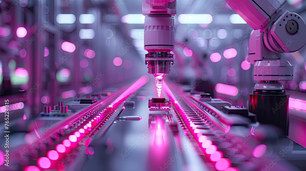Poster automated robotic assembly line in a manufacturing plant showcasing efficiency and precision, solid 