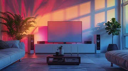 Smart acoustic systems in a home setting, providing seamless audio experiences, solid color background, 4k, ultra hd