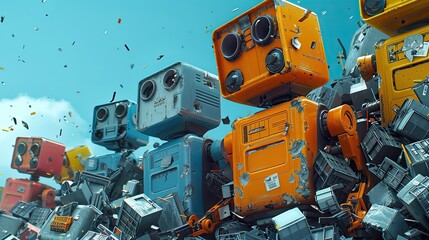 Tech recycling center, dismantling robots, material sorting, solid color background, 4k, ultra hd