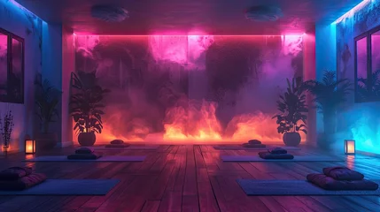 Poster Tech-enhanced yoga studio, virtual instructors, ambient environments, solid color background, 4k, ultra hd © Gefo