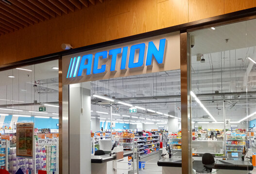 Poznan, Poland - 21 March 2024: Action shop logo inside shopping mall.