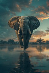 Floating elephant, safari light, savannah background, grand scale.