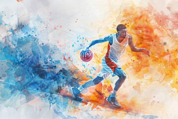 Dynamic watercolor painting of a basketball player in action with the ball. International Day of Sport for Development and Peace.
