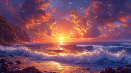 it is a painting of a sunset over the ocean - obrazy, fototapety, plakaty
