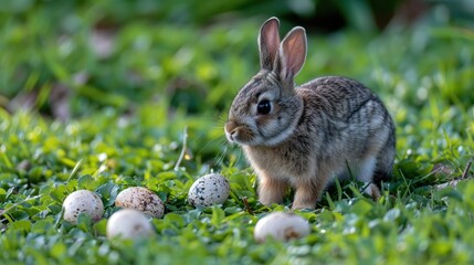 Brown rabbit among speckled eggs in grass
